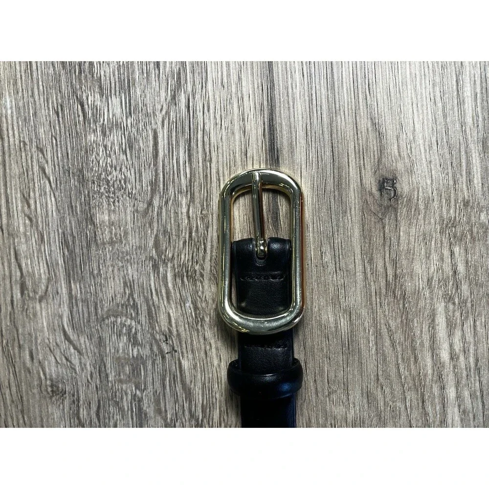 H&M Skinny Black Genuine Split Leather Belt Gold Buckle Size M Excellent